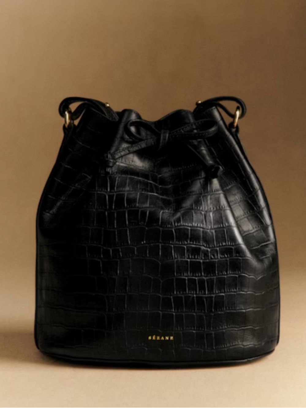 Sezane Farrow Black Croc-Effect Bucket Bag with Strap